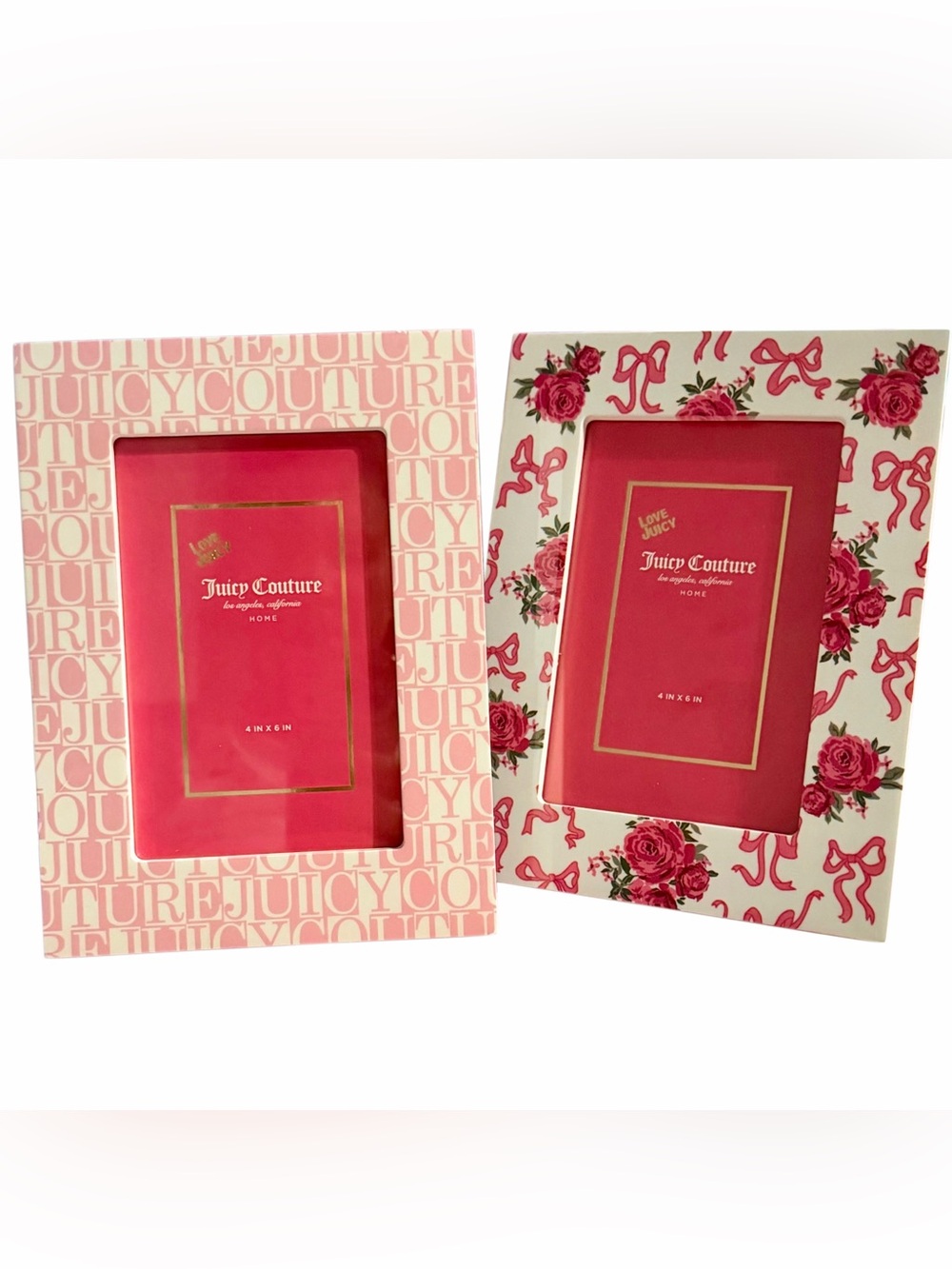 Juicy Couture Home Set of 2 Pink Photo Picture Frames 4” x 6” Floral Logo Print